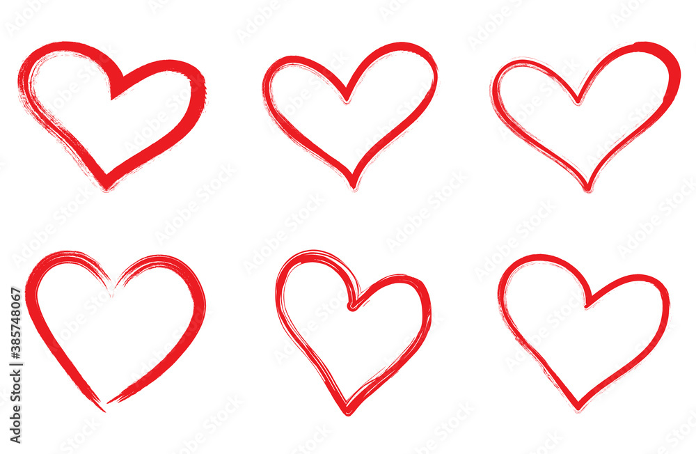 Red heart outline vector set. Hand drawn love icon. Trendy heart isolated on white background. For love icon, greeting card and Valentine's day. Creative love art. Heart outline vector