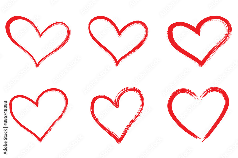 Red heart outline vector set. Hand drawn love icon. Trendy heart isolated on white background. For love icon, greeting card and Valentine's day. Creative love art. Heart outline vector