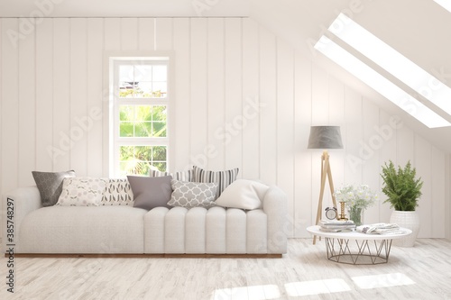 White living room with sofa and summer landscape in window. Scandinavian interior design. 3D illustration