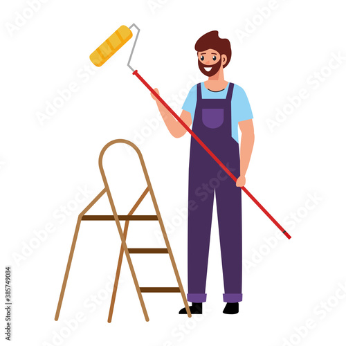 painter man with roll and ladder design of remodeling working and repairing theme Vector illustration