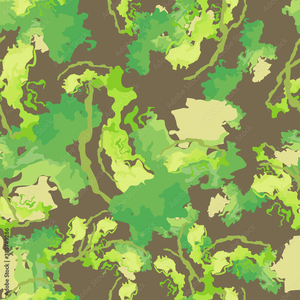 Forest camouflage of various shades of green, yellow and brown colors