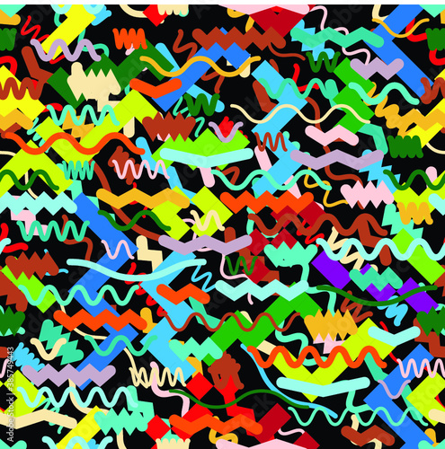 Hipster fashion .Trendy seamless pattern in Memphis style and with different shapes i. Jumble design . Repeating zigzag smooth lines vector background . Cool geometric texture .