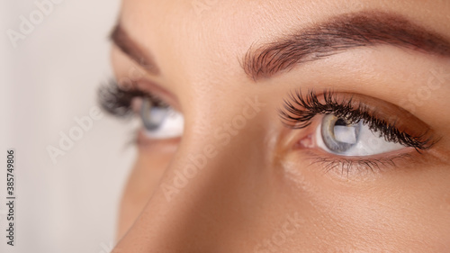 Fototapeta Naklejka Na Ścianę i Meble -  Eyelash Extension Procedure. Woman Eye with Long Eyelashes. Close up, selective focus.