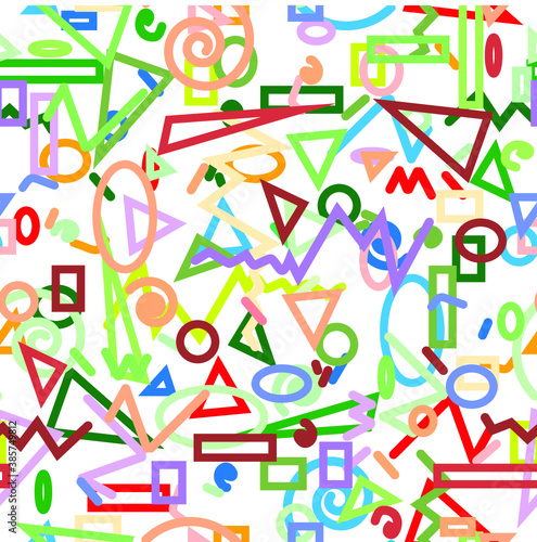 Hipster fashion .Trendy seamless pattern in Memphis style and with different shapes i. Jumble design . Repeating zigzag smooth lines vector background . Cool geometric texture .