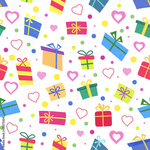 Vector Seamless pattern with gifts, confetti and heart. Many colorful gift boxes different shapes on white background. can be used for cards for Christmas or birthday.