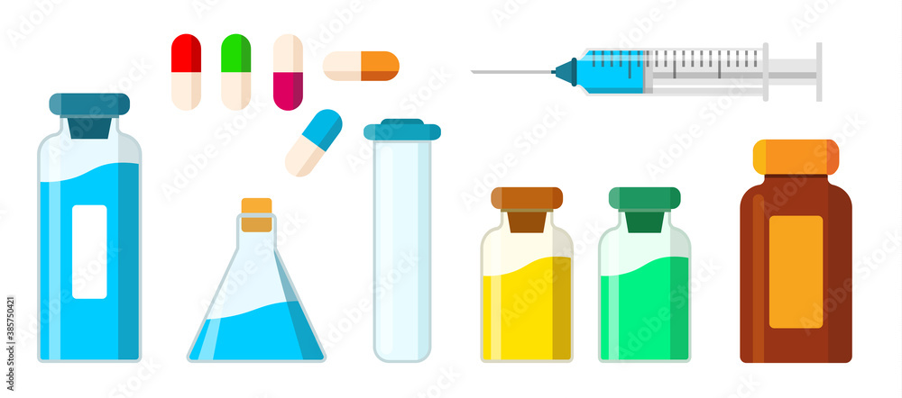 Collection of isolated medical items. A syringe with an injection and needle, pharmacology liquid, an Empty beaker, Capsule pill, glass bottle, Test tube. isolated vector illustration in flat style Collection of isolated medical items. A syringe with an injection and needle, pharmacology liquid, an Empty beaker, Capsule pill, glass bottle, Test tube. isolated vector illustration in flat style