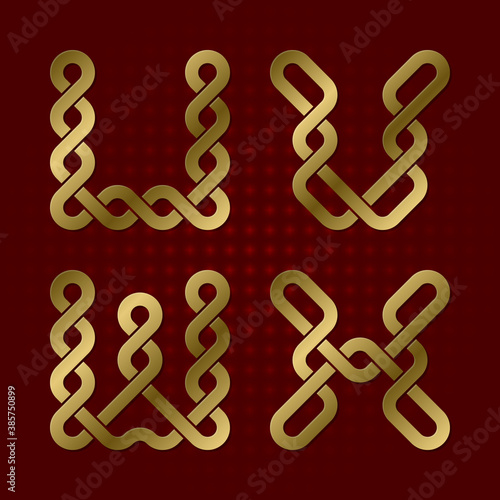 Gold font of twisted strips. U, V, W, X isolated golden letters.