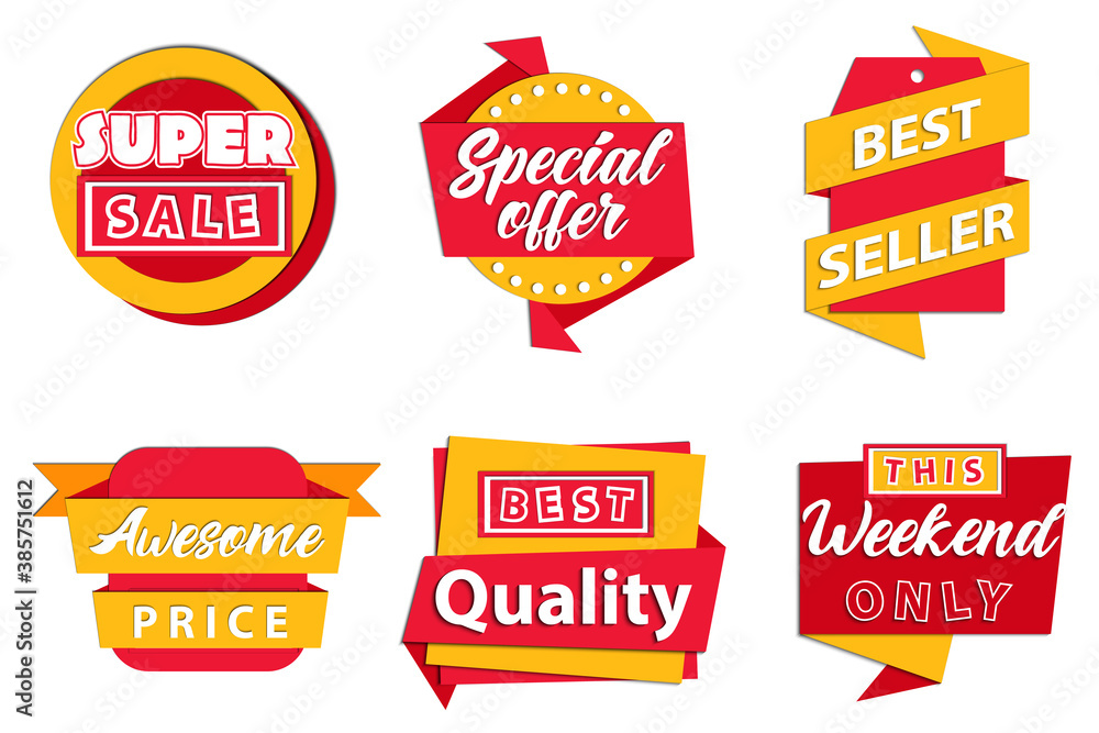 Super Sale, Special Offer, Best Seller, Awesome Price, Best Quality, Mega Sale This Weekend Only Concept. Red And Yellow Round Isolated Logos Set On White Background. Flat Style Vector Illustration