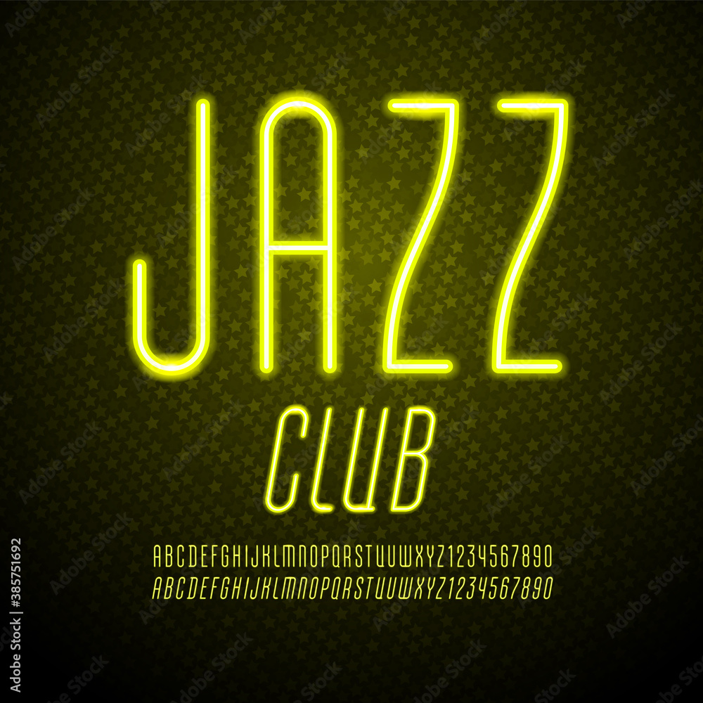 Yellow trendy font, vibrant modern alphabet, neon colored letters and numbers, vector illustration 10eps