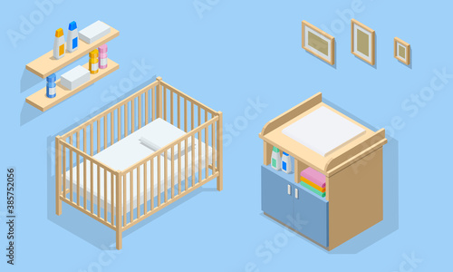 Isometirc interior furniture for baby room. Cot, changing table, wall shelf and photo frames. Icons of wooden furniture.