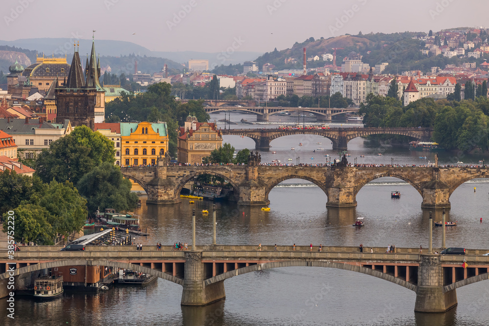Panorama of Prague over the Vltava River with a view of Prague's bridges, Czech Republic