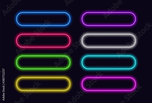 Neon buttons set for Web or UI design. Vector glowing push button.