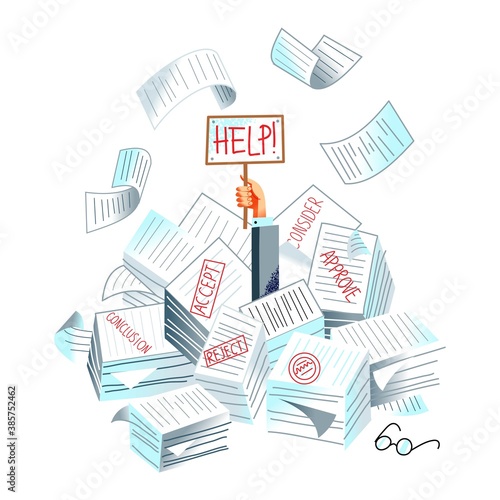Man drowning in office bureaucracy and paperwork holding help sign. Paper, document and binder overload in business vector illustration. Hand in piles and stacks of messy clutter