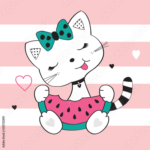 cute cat eating melon vector illustration