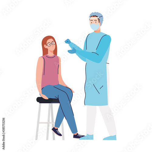 doctor making covid 19 virus test to a woman on chair design of 2019 ncov cov and coronavirus theme Vector illustration