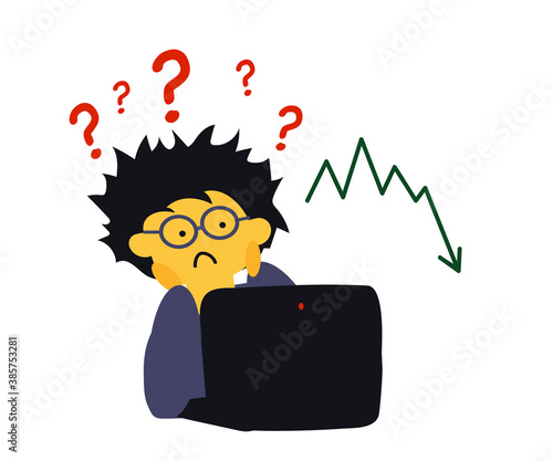 Man, question mark and computer. Cartoon. Vector illustration.