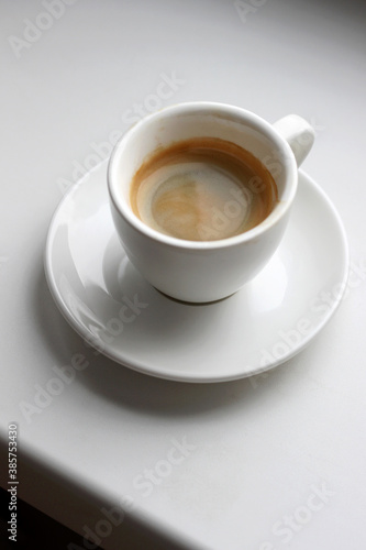 Freshly Brewed Espresso Served on White with Copy Space.