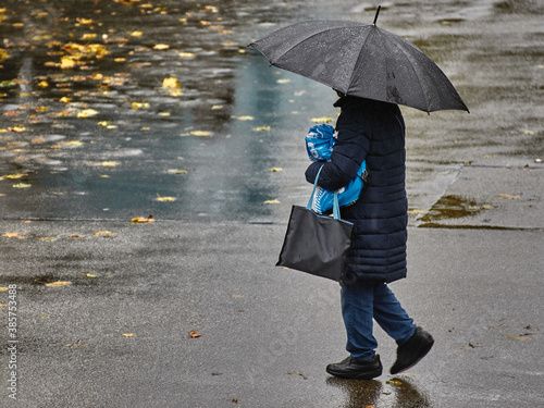 Fototapeta Naklejka Na Ścianę i Meble -  Person with umbrella walks through the rain. Person with umbrella walks across a wet street. Person with umbrella in the rain. Person with umbrella walking on a wet street with autumn leaves.