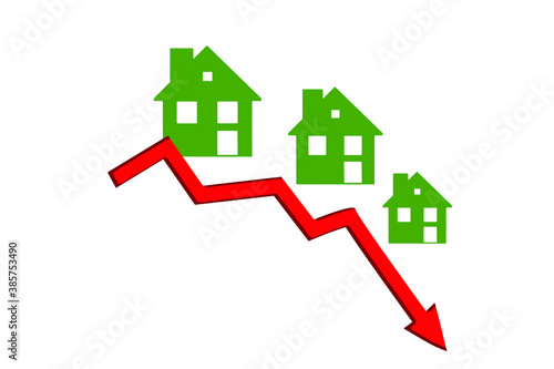 Graph of declining demand, falling prices, rental rates for housing and houses, reduction of construction. Small house icons on the fall chart. Vector