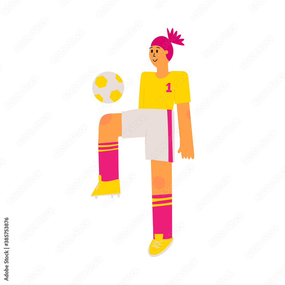 Women's soccer player in flat style. Female football team member kicks a ball with her knee. Active cheerful girl plays sport game. Women's soccer player in flat style. Female football team member kicks a ball with her knee. Active cheerful girl plays sport game.