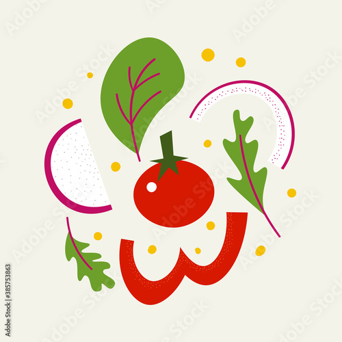 Flying salad explosion. Flat hand drawn vegetable food splash. Tomato  bell pepper  radish  onion  mangold  oil drops. Healthy diet  organic food concept.