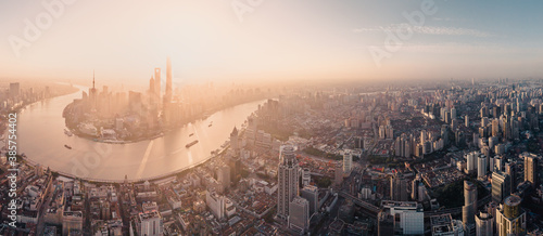 aerial view sunrise over the Shanghai city © wang