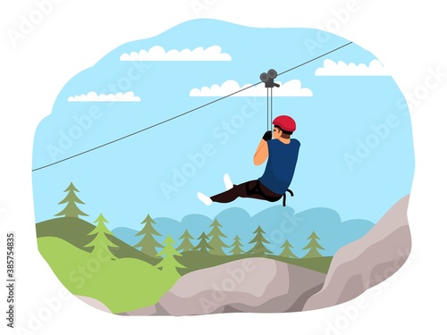 Man sliding on rope, extreme sport adventure. Guy flying downhill on equipment in summer. Outdoor risky recreation vector illustration. Lifestyle in nature and on vacation