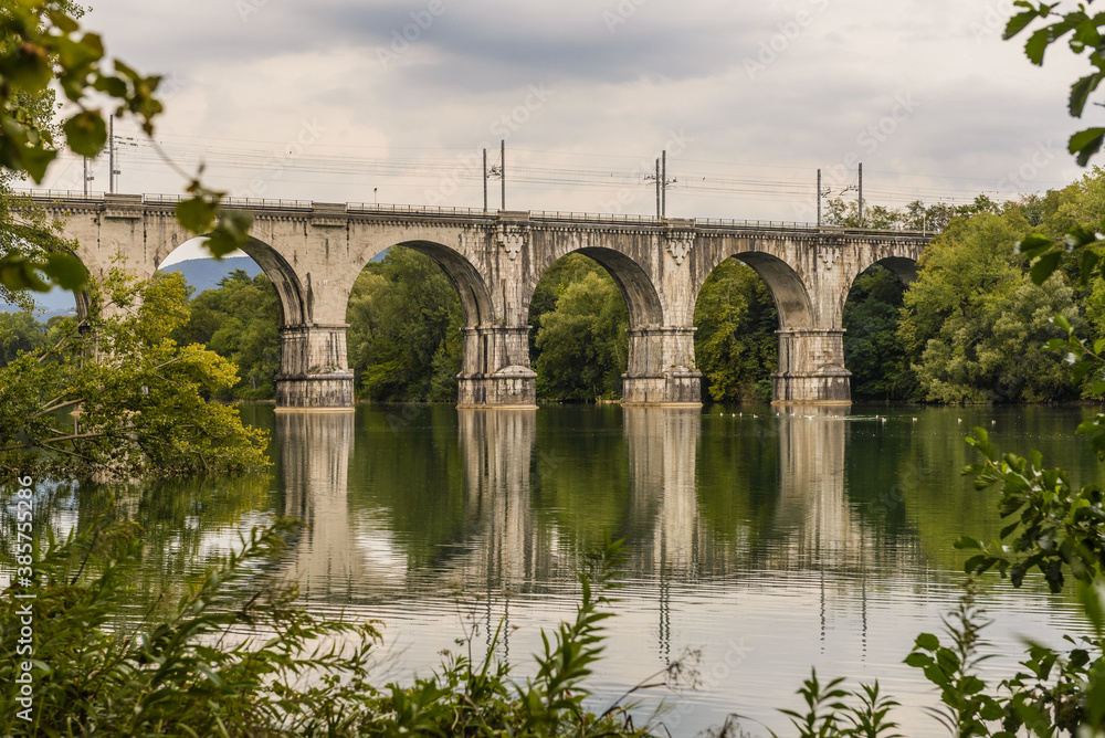 View of Bridge on the Soca/ Isonzo river  in Piedimonte del Calvario,  Italy