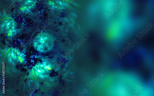 Abstract green and blue background with fractal swirls and blurred copy space on right hand side