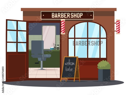 Small business barber shop background. Front view of barbershop for male haircuts. Local downtown market vector illustration. Modern service, scene from outdoor at entrance