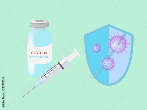 Isolated Vaccine and syringe for COVID-19  on green background. 
Icon of developing a vaccine for the prevention and treatment of the coronavirus. Banner for virus in flat style. - vector