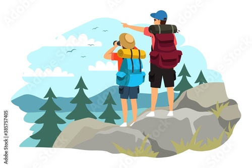 Couple trekking on mountain. Man and woman traveling in mountains, standing on top, girl looking in binoculars, man pointing with finger. Tourist outdoor scene vector. Climbing together