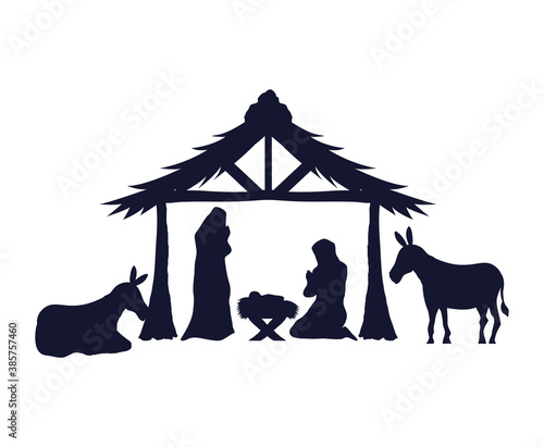 merry christmas mary joseph and baby jesus under hut silhouette design, nativity winter season and decoration theme Vector illustration