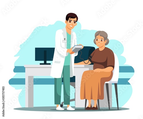 Doctor measuring blood pressure of old patient in hospital. Health care vector illustration. Man doing checkup consultation in clinic, woman sitting in chair. Visit to physician