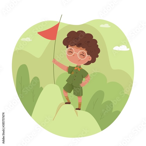 Kid with red flag on top of hill. Boy scout climbs on mountain during camping trip in forest in summer. Outdoor adventure scene vector illustration. Reaching goal hiking high up
