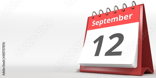 September 12 date on the flip calendar page, 3d rendering