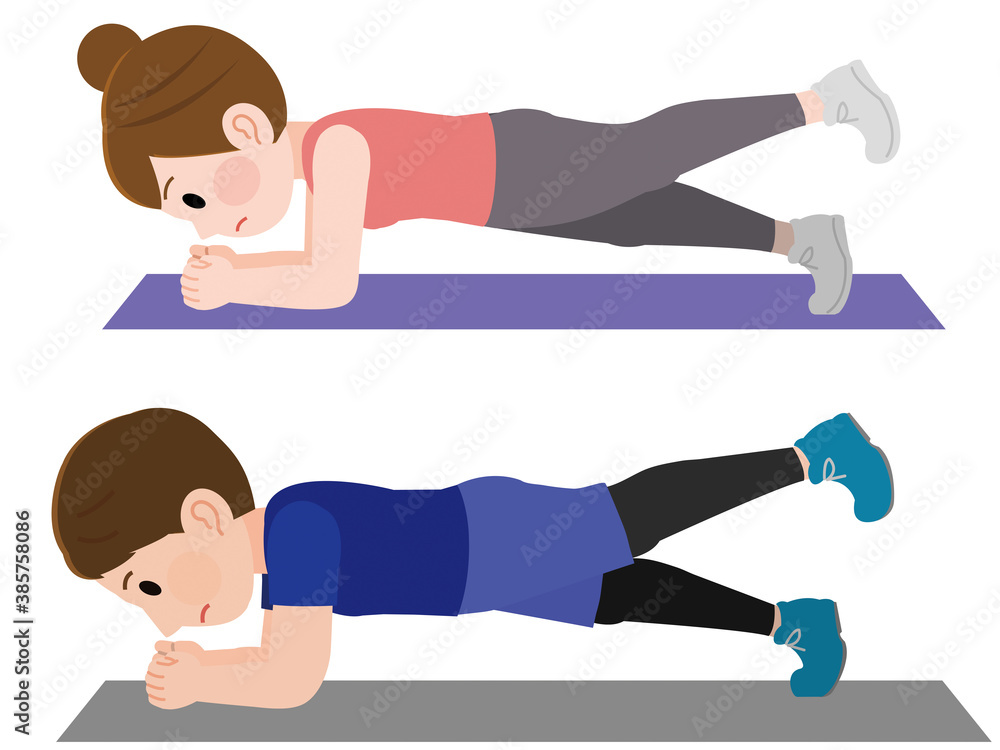 片足プランク 体幹トレーニングをする男女 イラスト Vector De Stock Adobe Stock