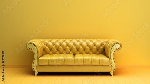 Fototapeta Naklejka Na Ścianę i Meble -  simple room interior render yellow color presentation with white leather sofa  3d render image