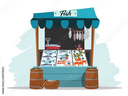 Street market stall with fish and seafood. Outdoor local fair kiosk vector illustration. Store with fresh fish, crabs, crayfish. Empty wooden booth with scales and barrels