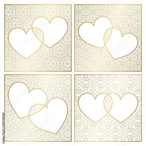 Set of patterned background decorations. Golden cover templates for greeting cards. Frames of hearts for Valentines Day.