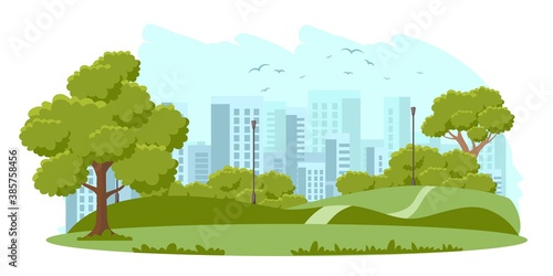 Public city park background illustration. Street with green trees, bushes and grass. Urban summer outdoor vector. Scenic view with nature, lanterns, city buildings in background