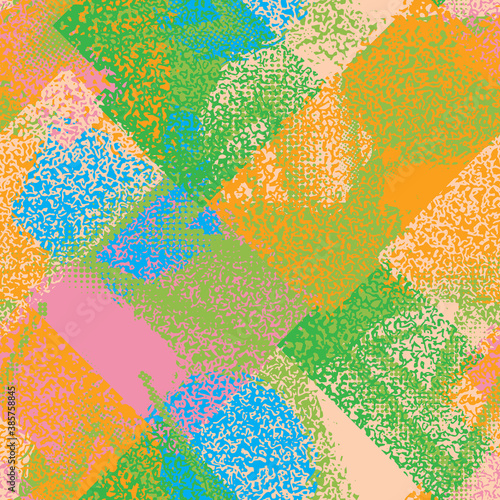 Abstract grunge seamless chaotic pattern with brushstrokes. Urban spring camouflage texture. Trendy colorful background. Modern wallpaper. Fashionable print with a shabby paint effect.