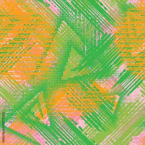 Abstract grunge seamless chaotic pattern with brushstrokes. Urban spring camouflage texture. Trendy colorful background. Modern wallpaper. Fashionable print with a shabby paint effect.