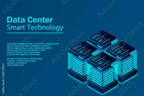 Datacenter isometric vector illustration. Abstract 3d hosting server or data center room background. Network or mainframe infrastructure website header layout. Computer storage or farming workstation.