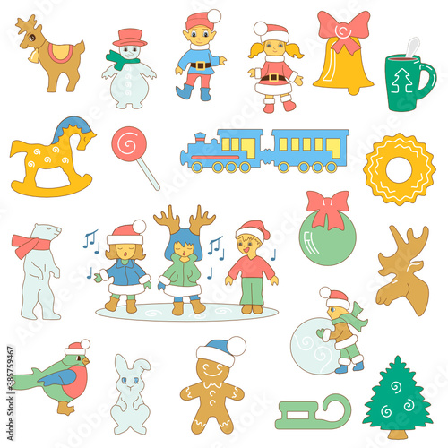 Christmas set consisting of toys, trees, Santa's helpers, polar bear, cookies and gingerbread man, deer, cartoon children singing hymns, elk, train, color vector clip art on white isolated background