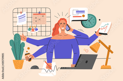 Multitasking girl performs many tasks at the same time. Workplace at home for a freelancer, busy talking on the phone, working on a laptop, drinking coffee and signing papers. Vector illustration.