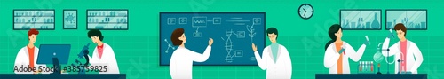 Scientists doing research in lab illustration set. Women and men working in medical laboratory. Innovation teamwork vector. Chemists looking in microscope, holding flask, writing on blackboard