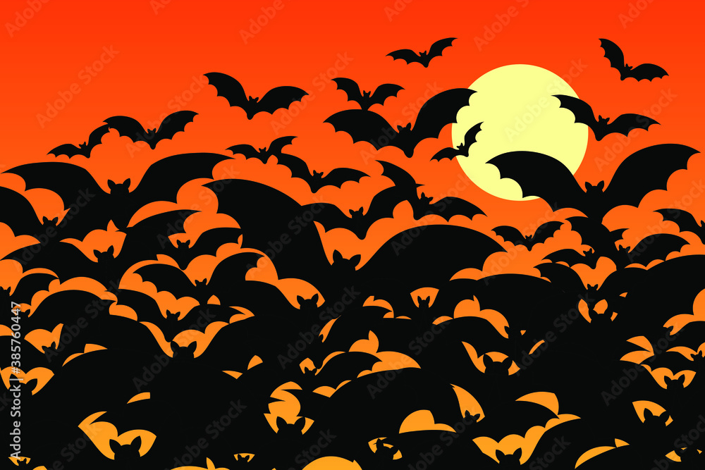 Silhouttes of a flock of spooky halloween bats filling a full moon orange night sky