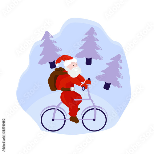 Flat style Christmas illustration. Santa Claus on bicycle. Holiday concept. Vector illustration.
