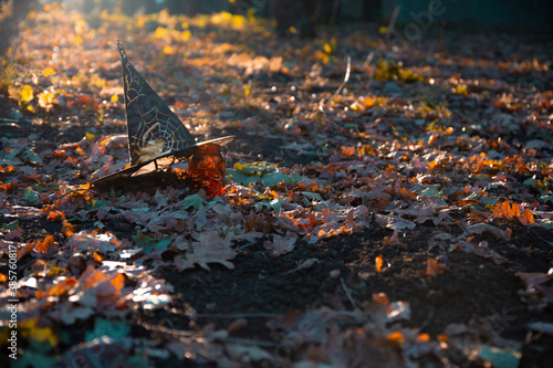 Halloween symbols - a witch's hat and an orange skull can on autumn fallen leaves in the Park